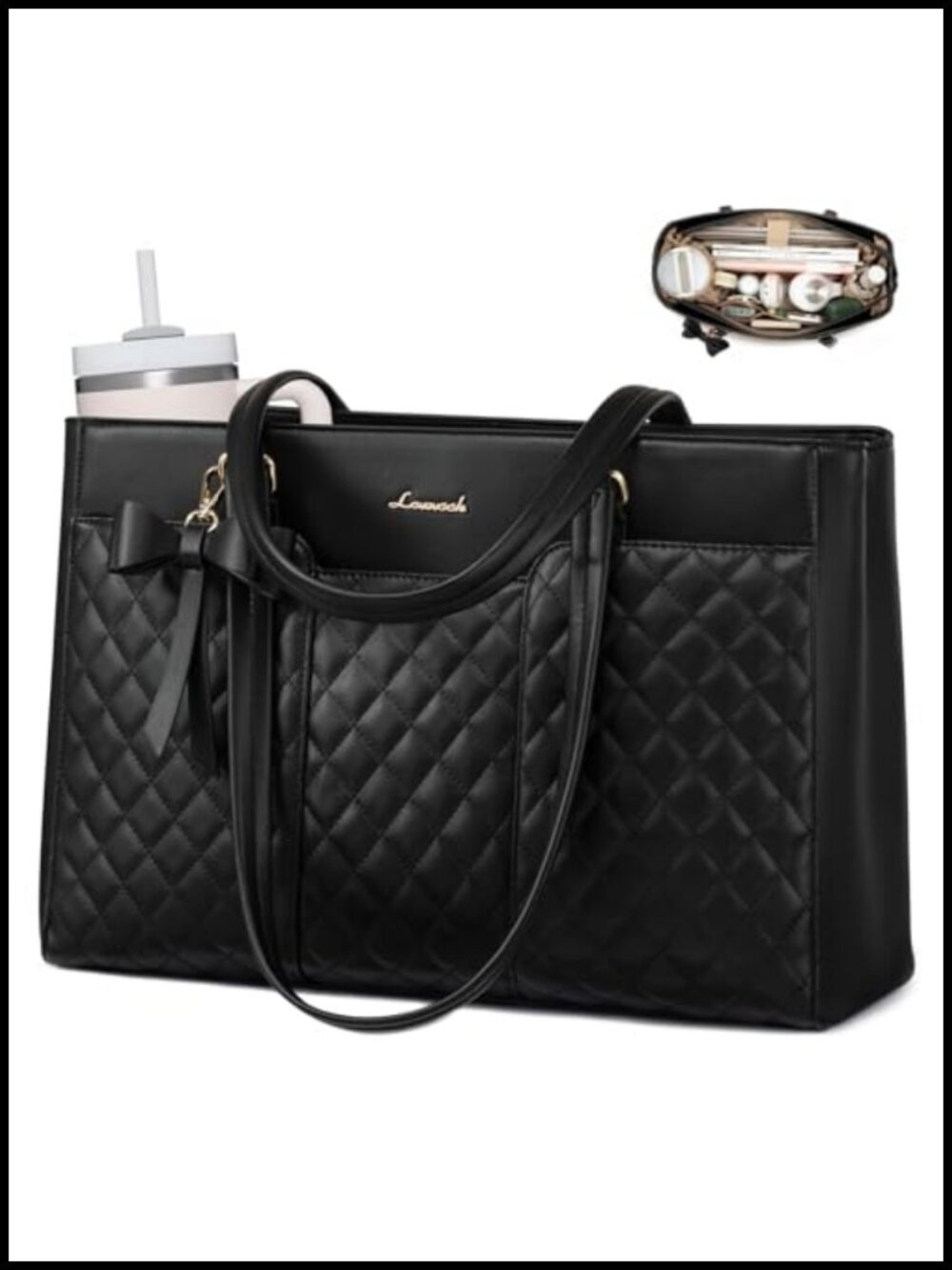 Quilted Laptop Tote Bag for Women 15.6 Inch PU Leather Work Bag